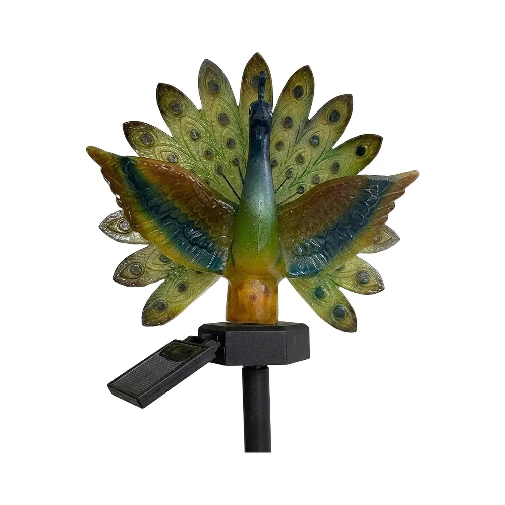Resin Solar Peacock Garden Art with LED Illumination Triggered by Ambient Light Levels Designed for Exterior Aesthetic Use