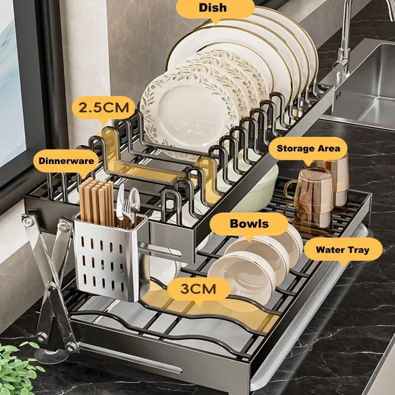 Kitchen Rust-Proof Dish Dryer Rack Desktop Dish Drainer Bowls Plate Cutlery Pot Lid Rack Organizer Compact Kitchen Dish Shelf