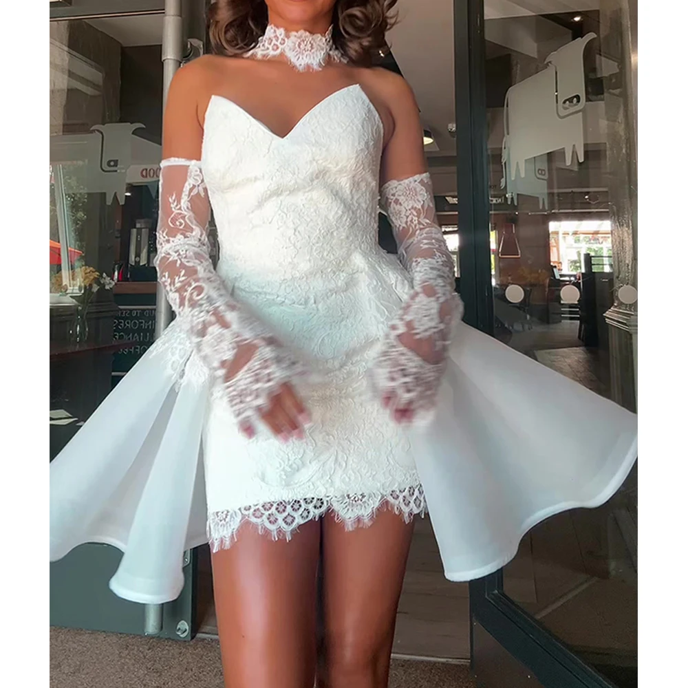 

Индивидуальное роскошное свадебное коктейльное платье мини из кружева цвета слоновой кости, современное короткое платье-футляр с V-образным вырезом и пышной накидкой для вечеринок