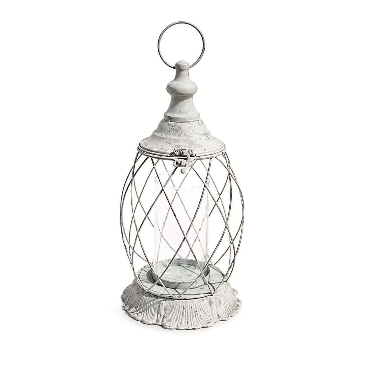 Vintage White Candle Lantern, Distressed Iron & Glass Candle Holder with Toggle Latch, Farmhouse Wedding Table Patio Decor