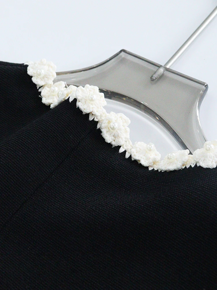 

Spring Collection Pearl Flower Decorated Bla Knitted Svel Long Dr High Waist Gored Skirt Sle Comfortable Knit Dr