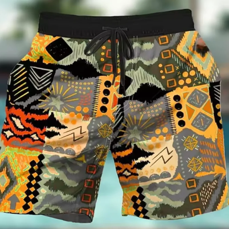 

3D Printed Ethnic Geometry Short Pants For Men Colorful Splicing Pattern Beach Shorts Summer Hawaiian Board Shorts Swim Trunks