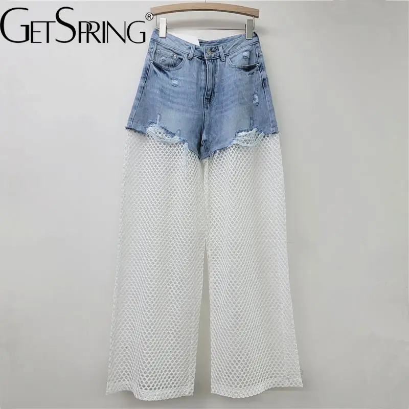 GetSpring Women Pant Capris 2025 Autumn Denim Stitched Hollow Out Color Matching Sexy Ladies Pants Fashion Loose Long Trousers