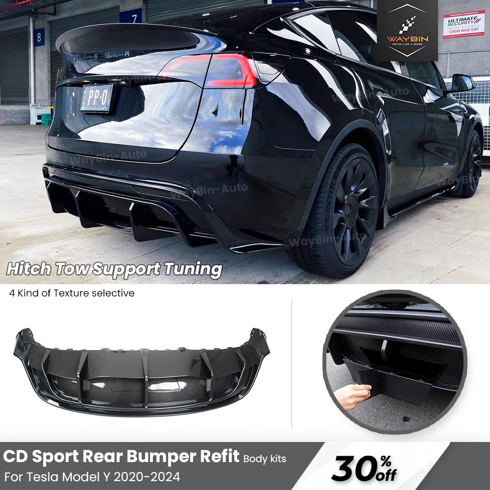 

CD Rear Bumper Diffuser For Tesla Model Y 2020-2024 Lip Chin Spoiler Body Kit Black Carbon Look Tow Hitch Support Tuning Parts