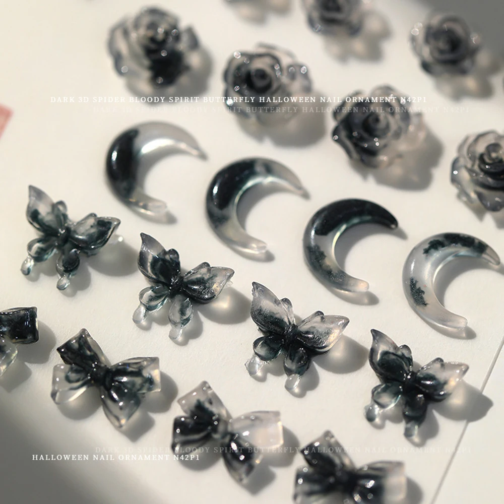 50 pçs misturado encantos do prego lua escura borboleta 3d resina decoração do prego borboleta urso rosa flor arco cobra jóias peças diy