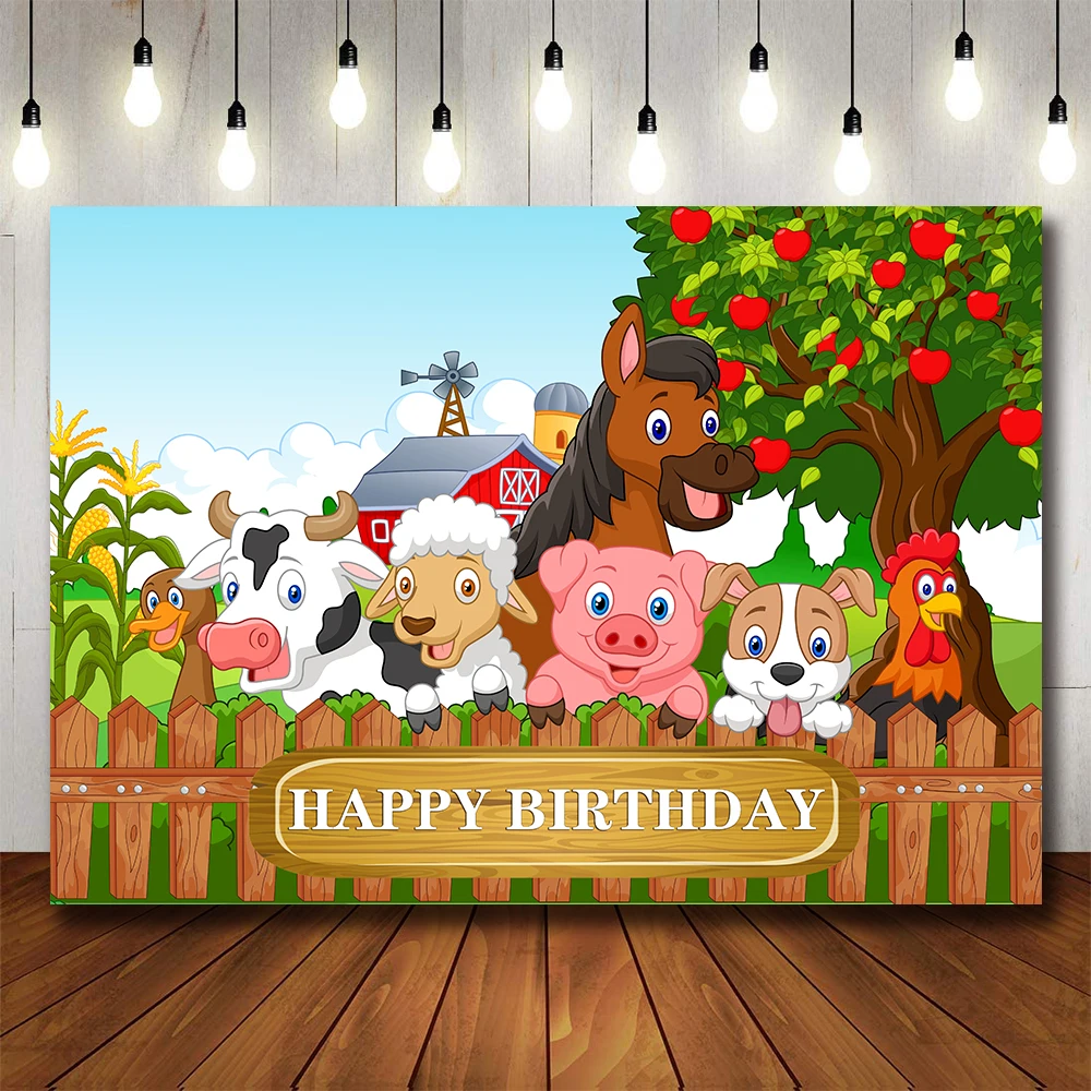 

Bonvvie Photo Background Cartoon Rural Farm Filed Windmill Birthday Wooden Fence Poster Custom Green Grass Farm Animals Party