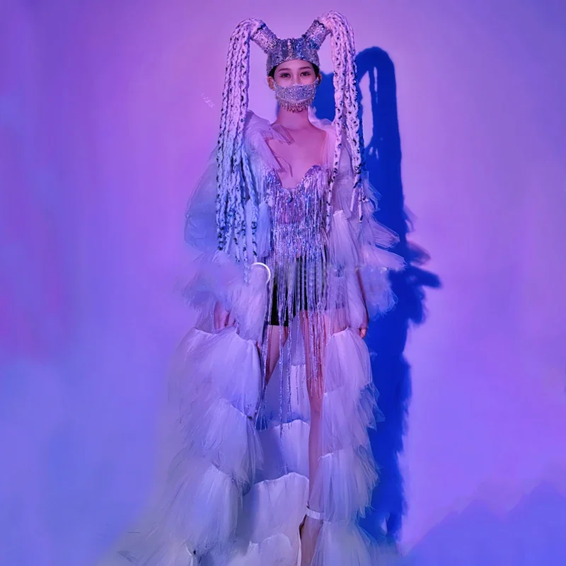 

Nightclub Dj Ds Stage Festival Outfit Women Party Gogo Costume White Mesh Long Coat Sequins Fringed Top Jazz Shorts XS6445