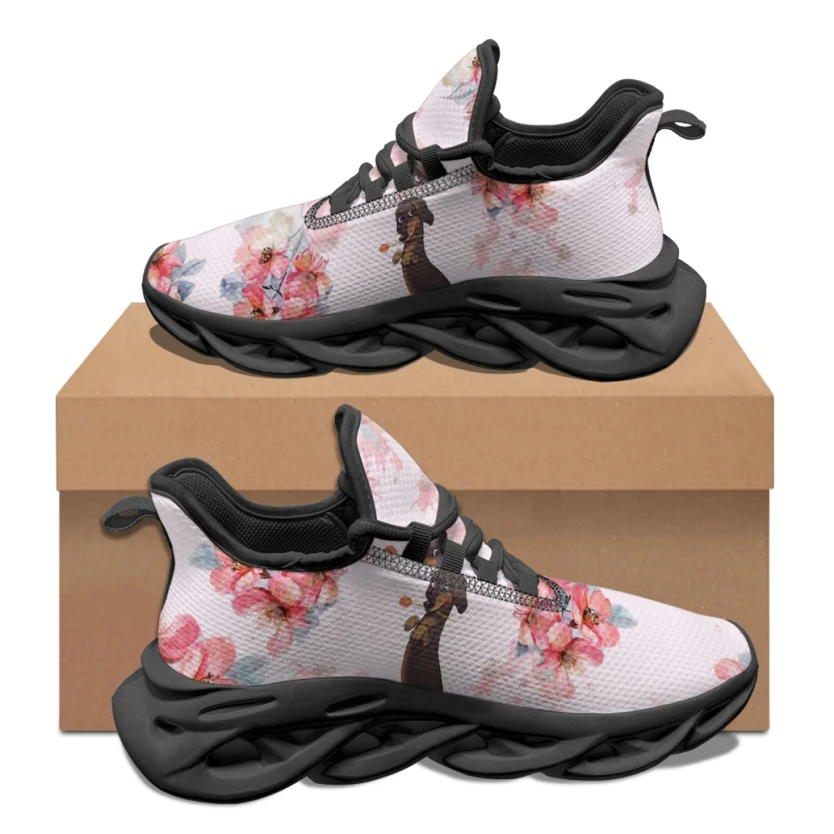 Cartoon Dachshund Flower Print Women's Casual Sneakers Outdoor Sports Running Shoes Lightweight Comfort Fitness Training Shoes