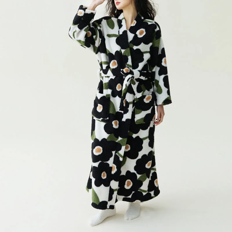 Otoño e Invierno nuevo Coral bata de terciopelo grueso terciopelo femenino largo baño impreso suave encaje hasta pijamas de mujer ropa de descanso Casual