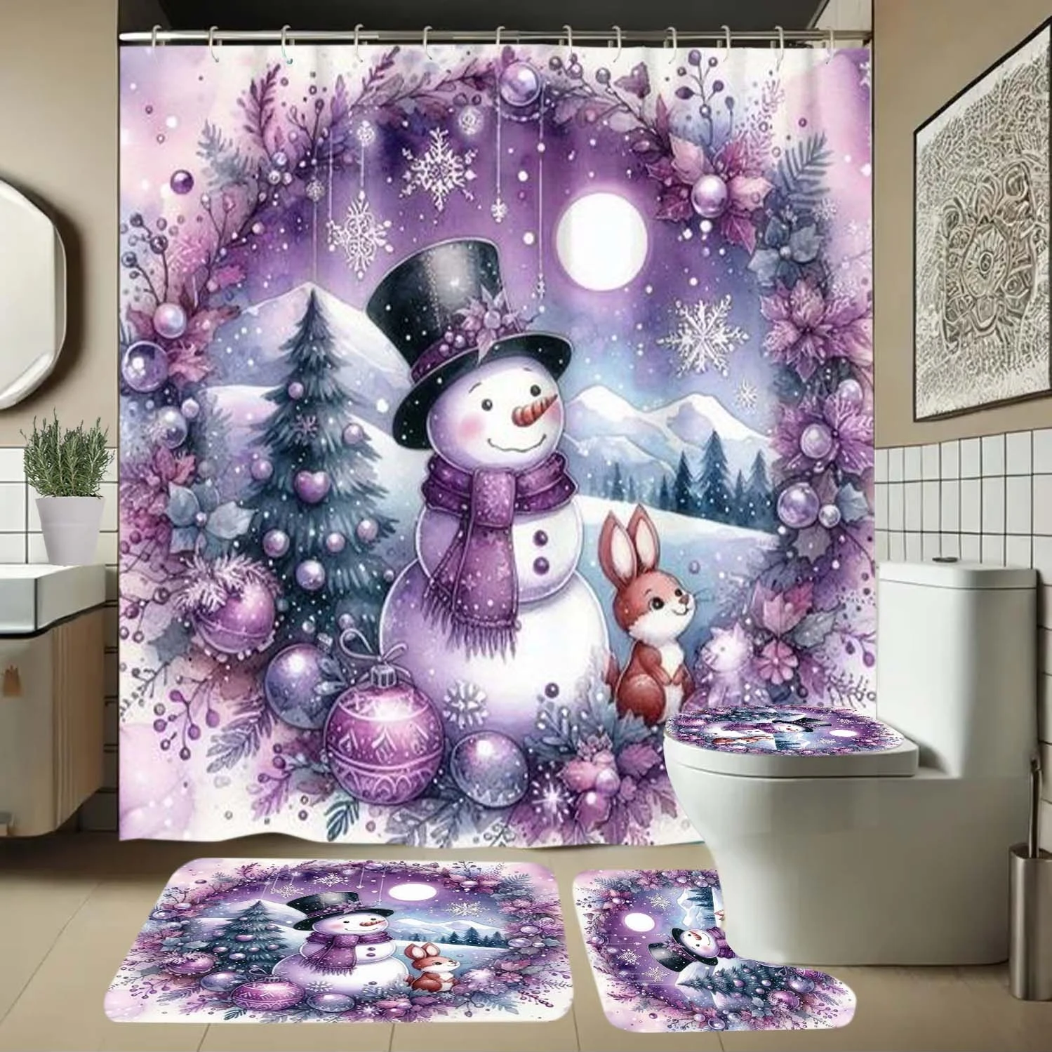 

4 шт. снеговик, фиолетовая занавеска для душа с зимним узором и крючками, занавески для перегородки в ванной комнате и аксессуары для домашнего декора