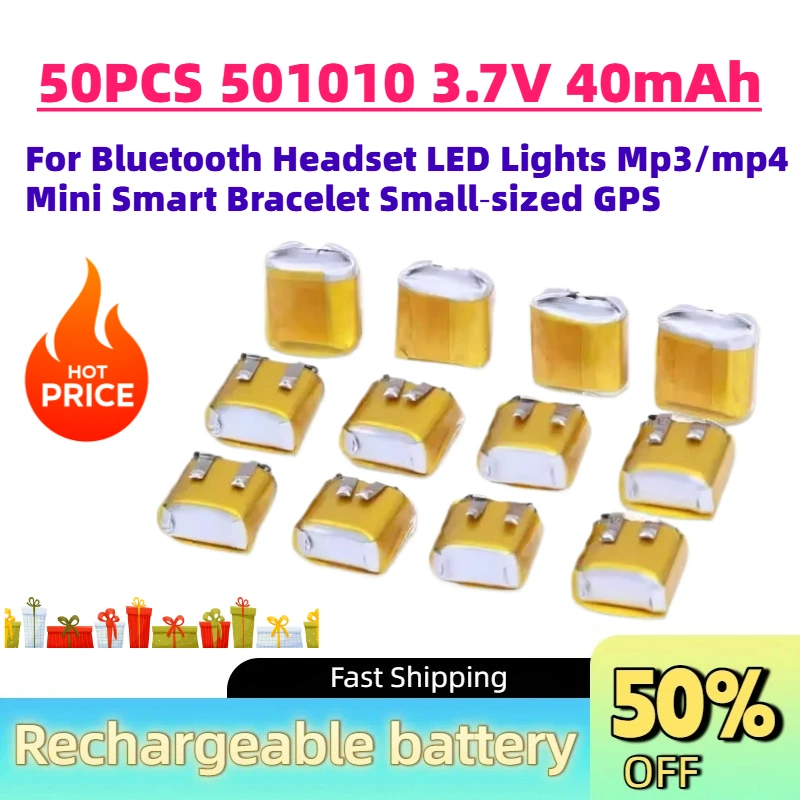 50PCS 501010 3.7V 40mAh Li-po Rechargeable Battery for Bluetooth Headset LED Lights Mp3/mp4 Mini Smart Bracelet Small‑sized GPS