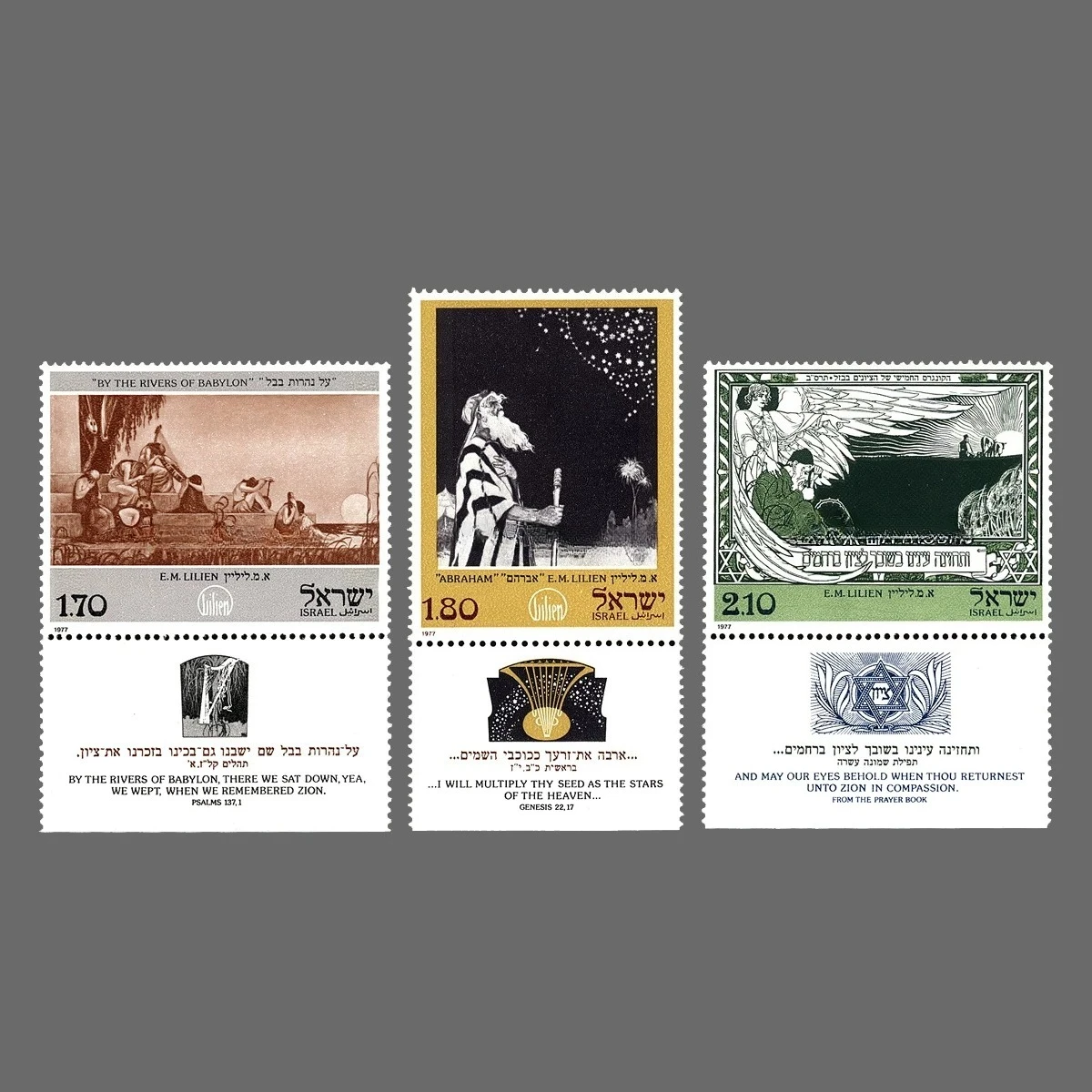Juego de 3 sellos postales de Israel, pintura de Lilien junto al río de Babilonia, 1977, MNH
