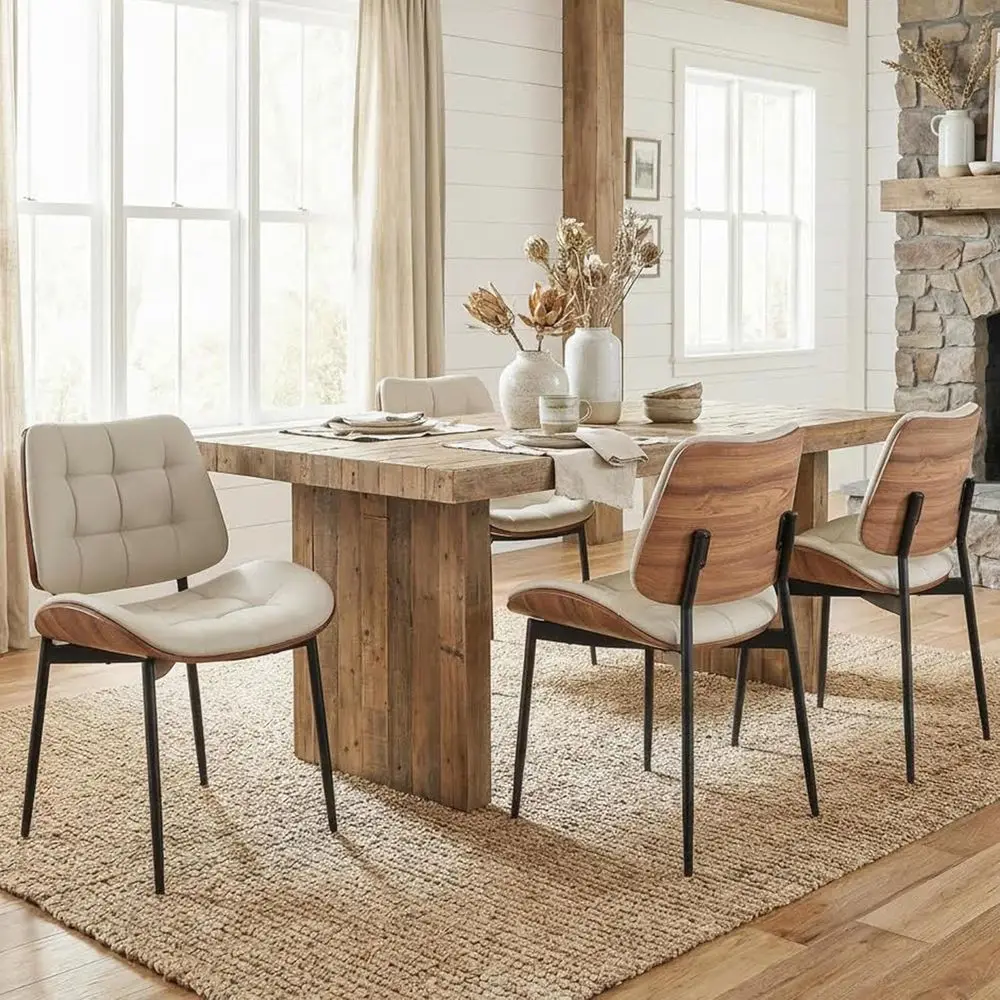 

Modern Leather Dining Chairs Set of 4 with Walnut Bentwood Backs and Metal Legs for Dining Room, Cafe, Beige-Grey