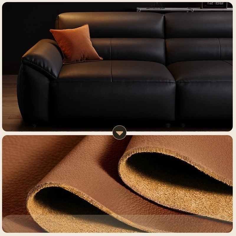 2026 new living room premium big black cow black tofu block leather sofa