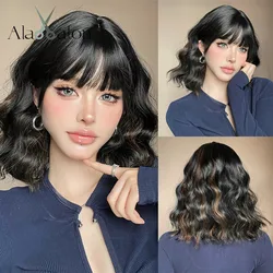 ALAN EATON Black Brown Highlight parrucca corta Bob parrucche ricci capelli sintetici con frangia parrucca resistente al calore parrucca quotidiana dall'aspetto naturale