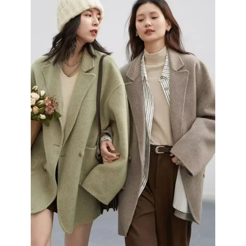 

Women's Woolen Coats Loose Casual Double Breasted Retro Double-sided Jacket Office Lady Outerwear Autumn Winter 2025