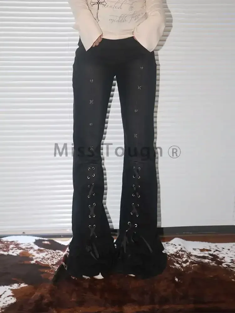 2000s Dark Academia Gothic Bell-Bottom Pants Harajuku Y2K Jeans Low Rise Flare Black Slim Denim Pants Long Chic Trousers Stylish