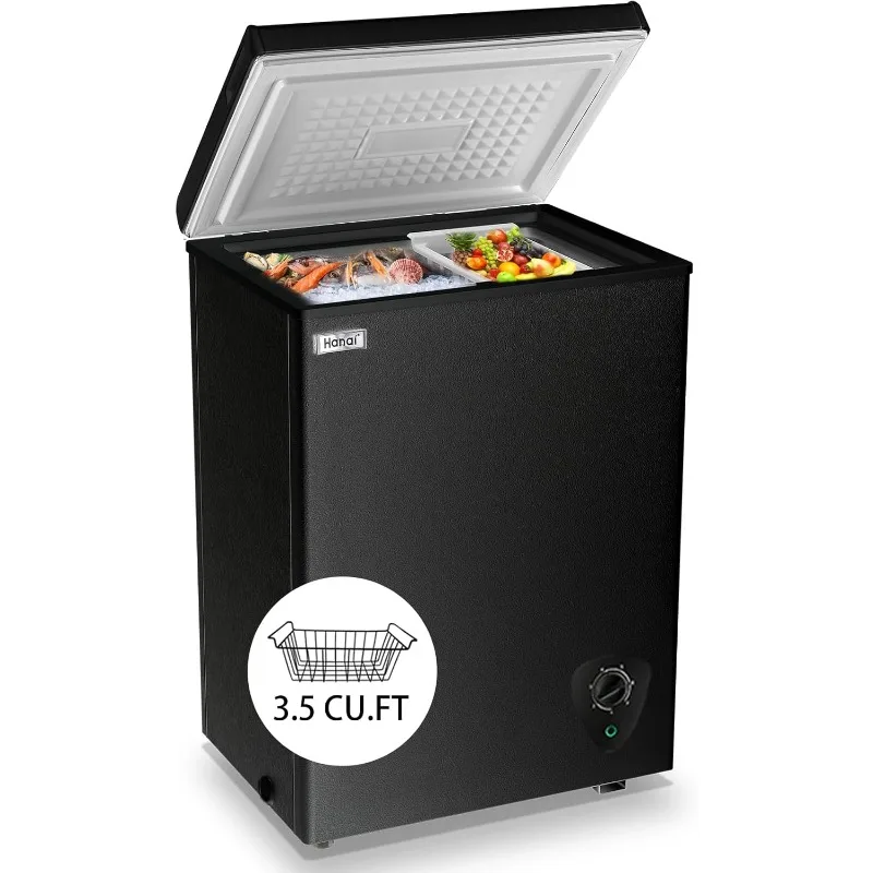 Chest Freezer Small Deep 3.5 Cu.Ft Black Mini Freezers Top Door Adjustable 7 Thermostat and Removable Basket Open Garage