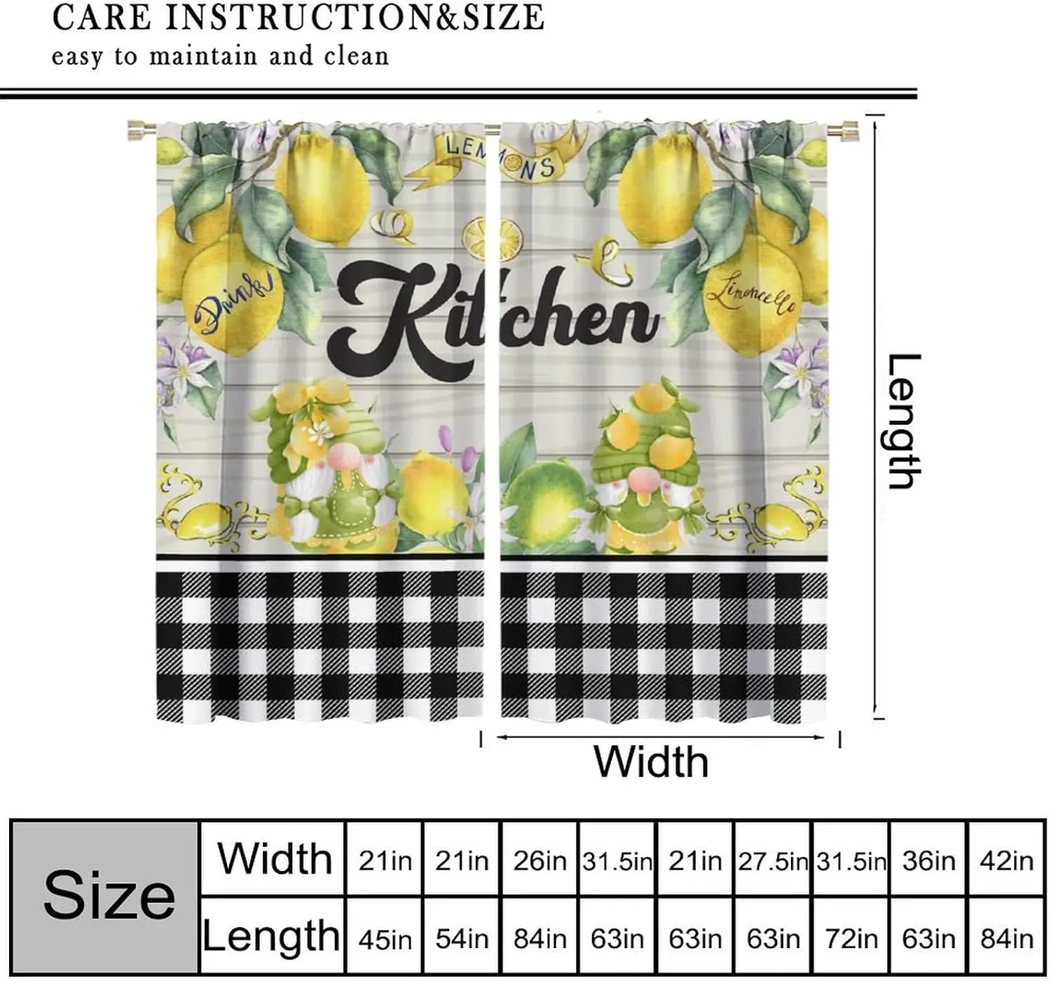Farmhouse Lemon Curtain Panels, Rustic Gnome Plaid Wood Floral Fruit Art Print Drapes for Cafe Kitchen Dining Room Window Decor