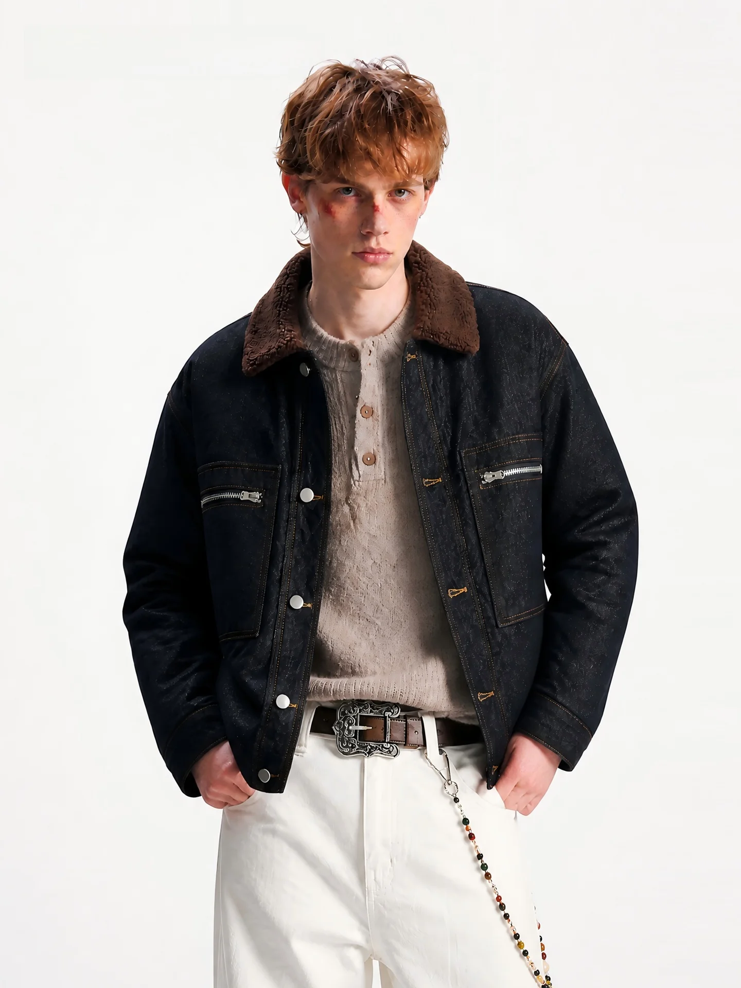 SDMADE American Style Thickened Denim Cotton Jacket with Big Pockets Warm Collar Coat for Men And Women Short Length  Color