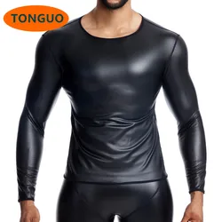 High quality Men's Leather Shirt New Men Sexy Leather T-Shirt Plus Size S-6XL Faux Leather Long Sleeve Top Black Slim Undershirt