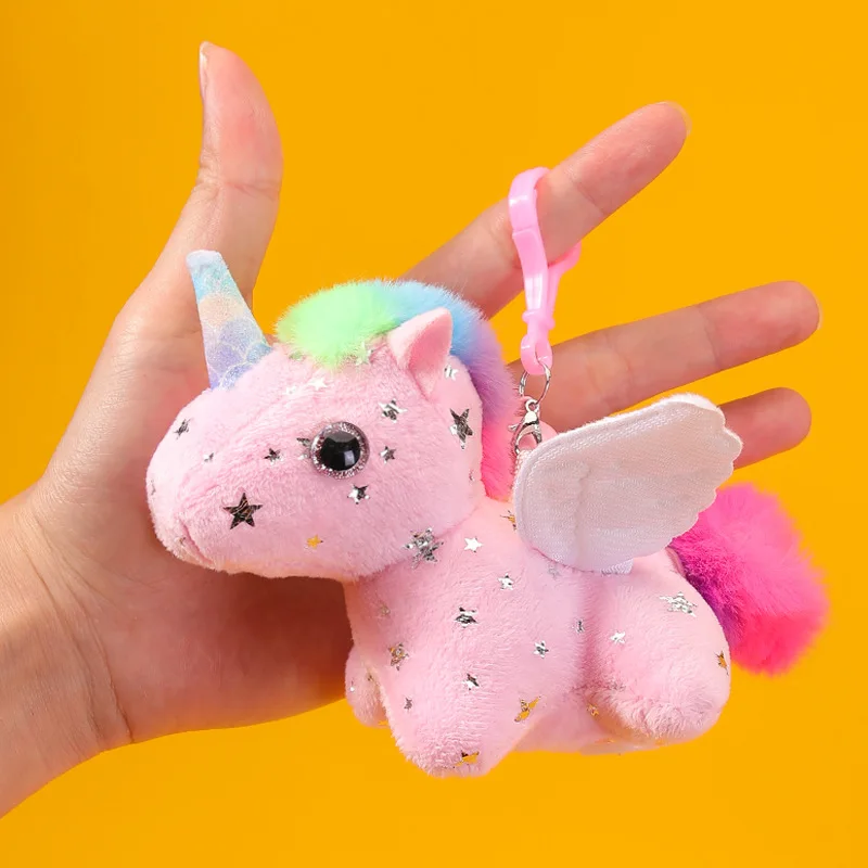 Gantungan Kunci boneka lembut, liontin lucu kartun lucu dengan bel berkilau warna Unicorn