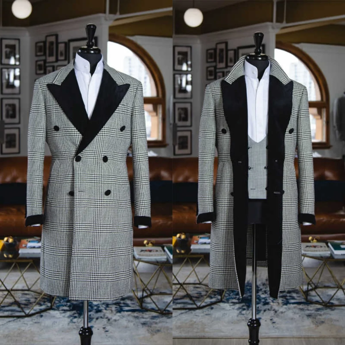 

2025 Classic Grid Men's Long Overcoat Double Breasted Peaked Lapel Formal Business Party Coat Abrigos Para Hombre Customized