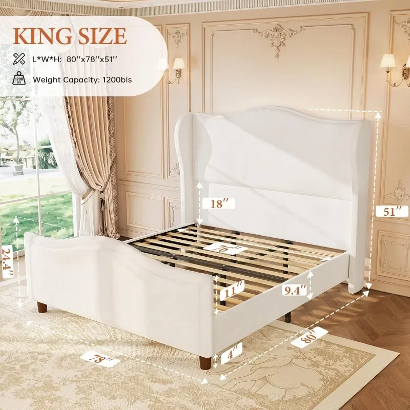koorlian King Size Bed Frame Chenille Upholstered Platform Bed with Headboard and Footboard, 51