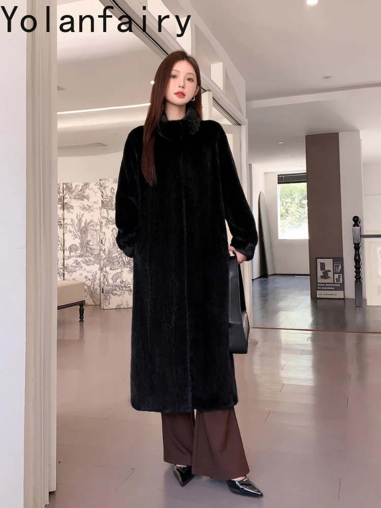 YOLANFAIRY معطف فرو طبيعي فاخر سترات منك للنساء شتاء 2025 معاطف فرو أسود حقيقي متوسط الطول من المينك الكامل بياقة واقفة