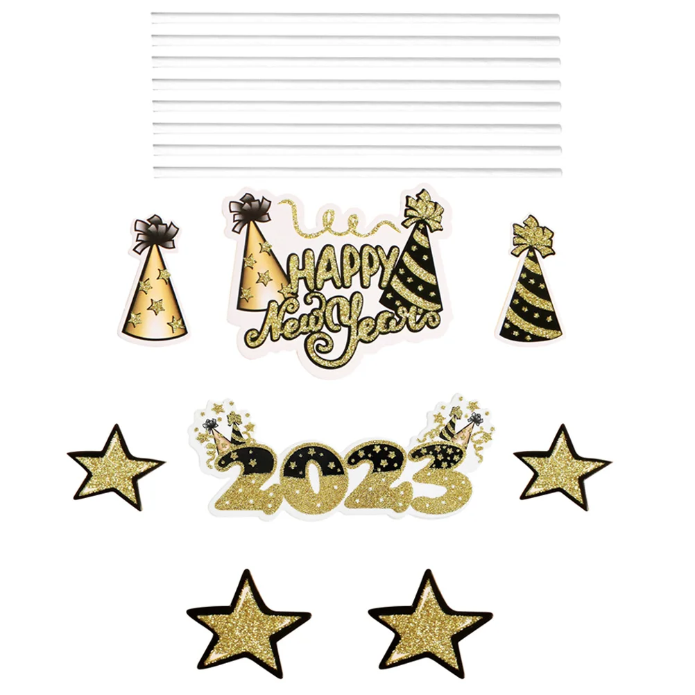 5 Bags 2023 Cake Insert Decorating Tools New Year Dessert Picks Top Hat Toppers for Decoration Inserted Cards Paper