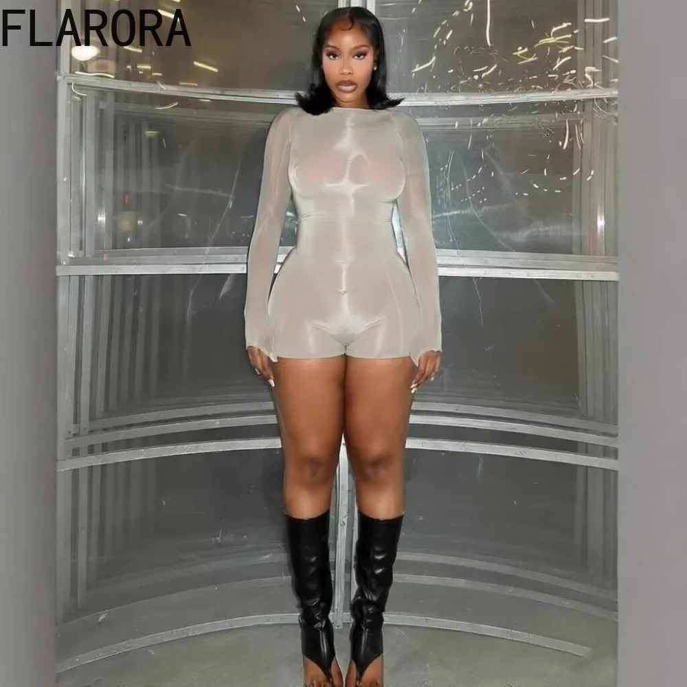 

FLARORA Сексуальные сетчатые прозрачные комбинезоны для женщин, однотонные, с круглым вырезом, с длинными рукавами, эластичные облегающие комбинезоны для вечеринок и клубов