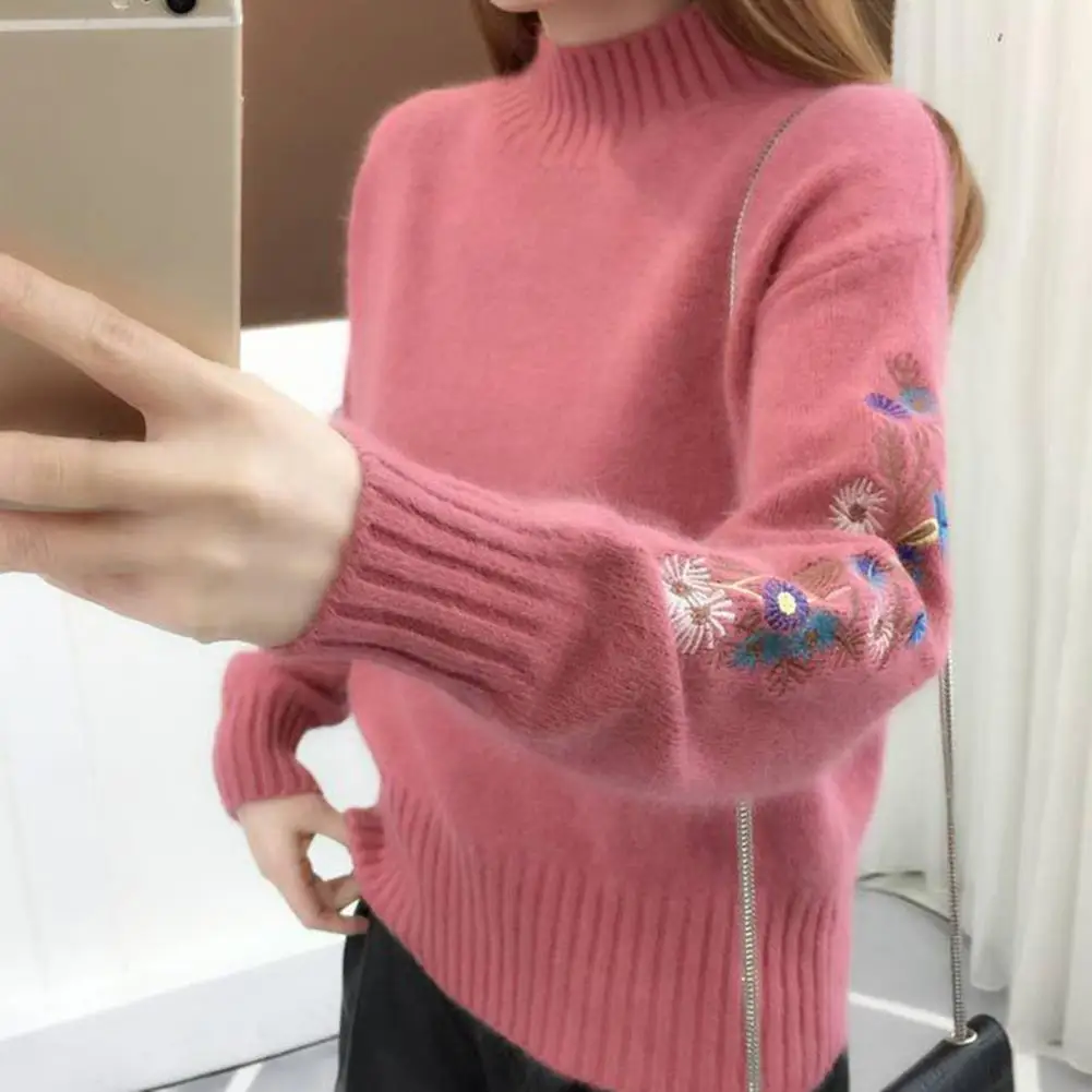 Lady Pullover Sweater  Long Sleeve   Knitted Sweater Flower Pattern Stretch Pullover Sweater