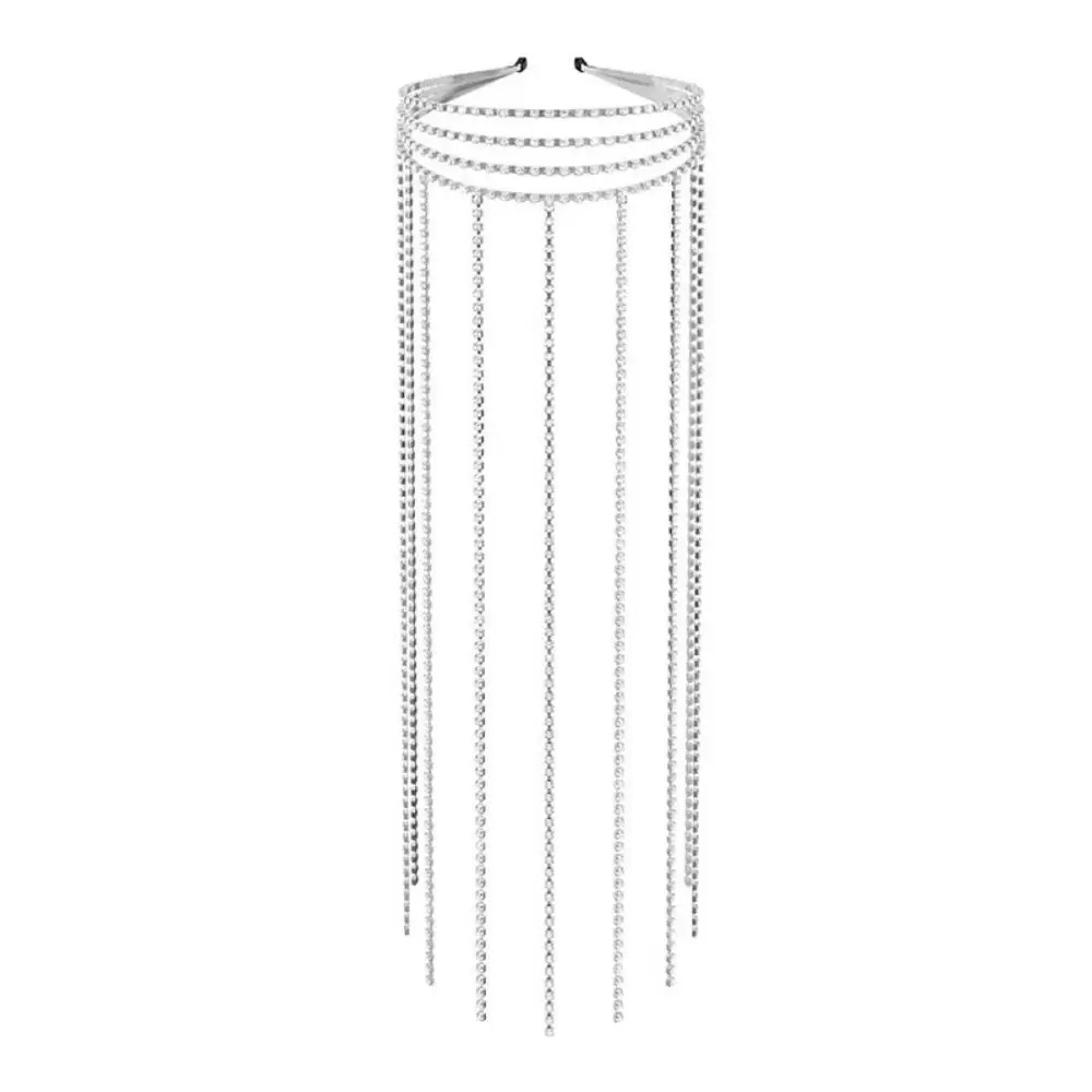 Exaggerated Design Rhinestones Tassel Headband Reflection Luxury Long Tassel Hair Hoop Multi Layered Headpiece