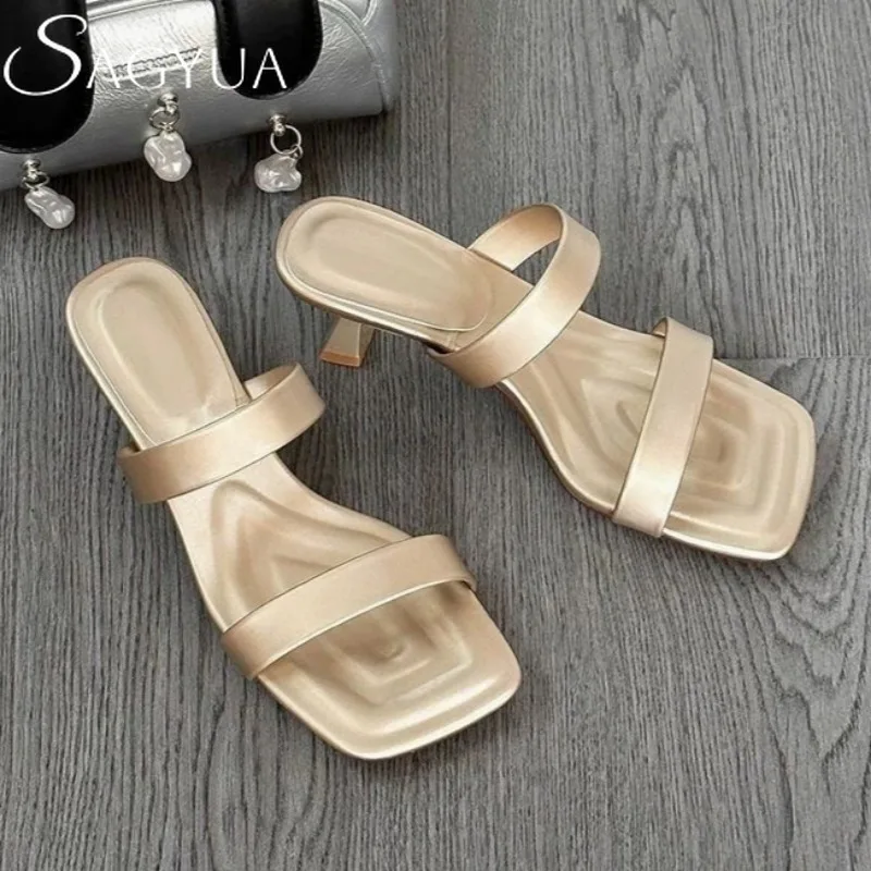

Women's Slippers Square Toe Heeled Sandals Loafers Shoes 2025 Trend Dress Elegant Summer Open Toe Comfort Sandalias De Mujer