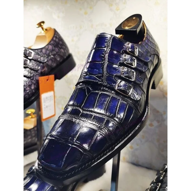 Blue Crocodile Strappy Buckle Men's Loafers Chunky Heels Luxury Dress Shoes for Men Business Party Shoes Zapatos Para Hombres