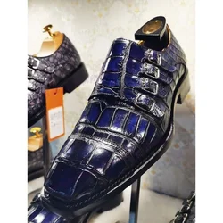 Mocasines con hebilla de tiras de cocodrilo azul Para hombre, Zapatos de vestir de tacón grueso de lujo, Zapatos de fiesta de negocios Para Hombres