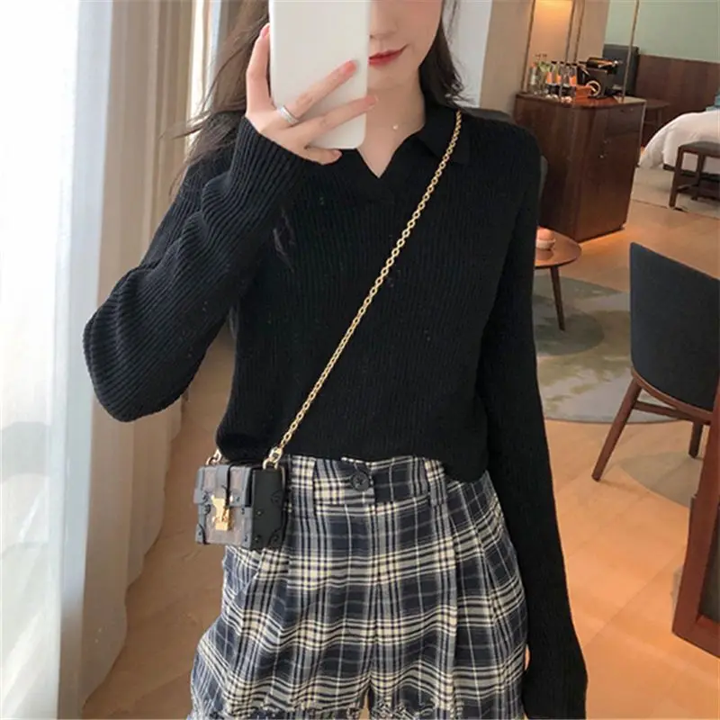 Women's Clothing Solid Color Knitted Casual Sweater Pullover Turn-down Collar Screw Thread Long Sleeve Office Lady Sweet Tops