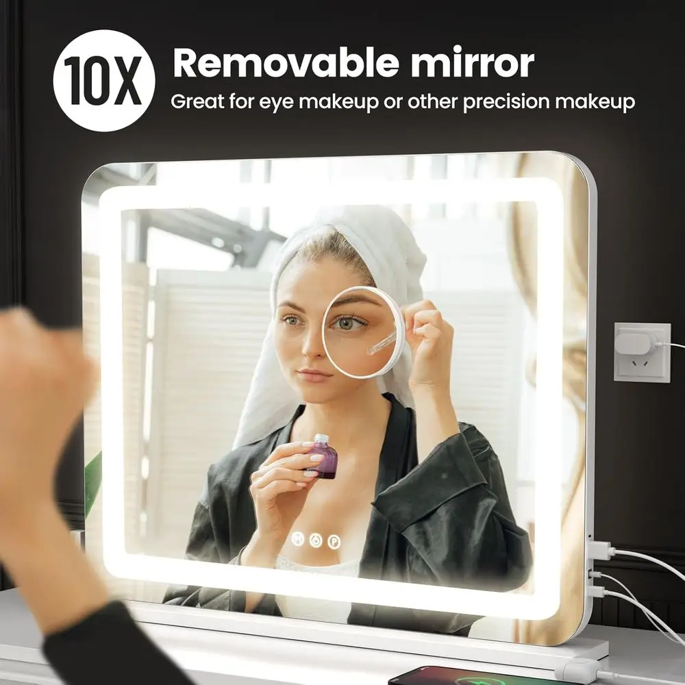 Miroir de courtoisie éclairé par LED 23x18 avec loupe 10X, 3 modes de couleur et port USB