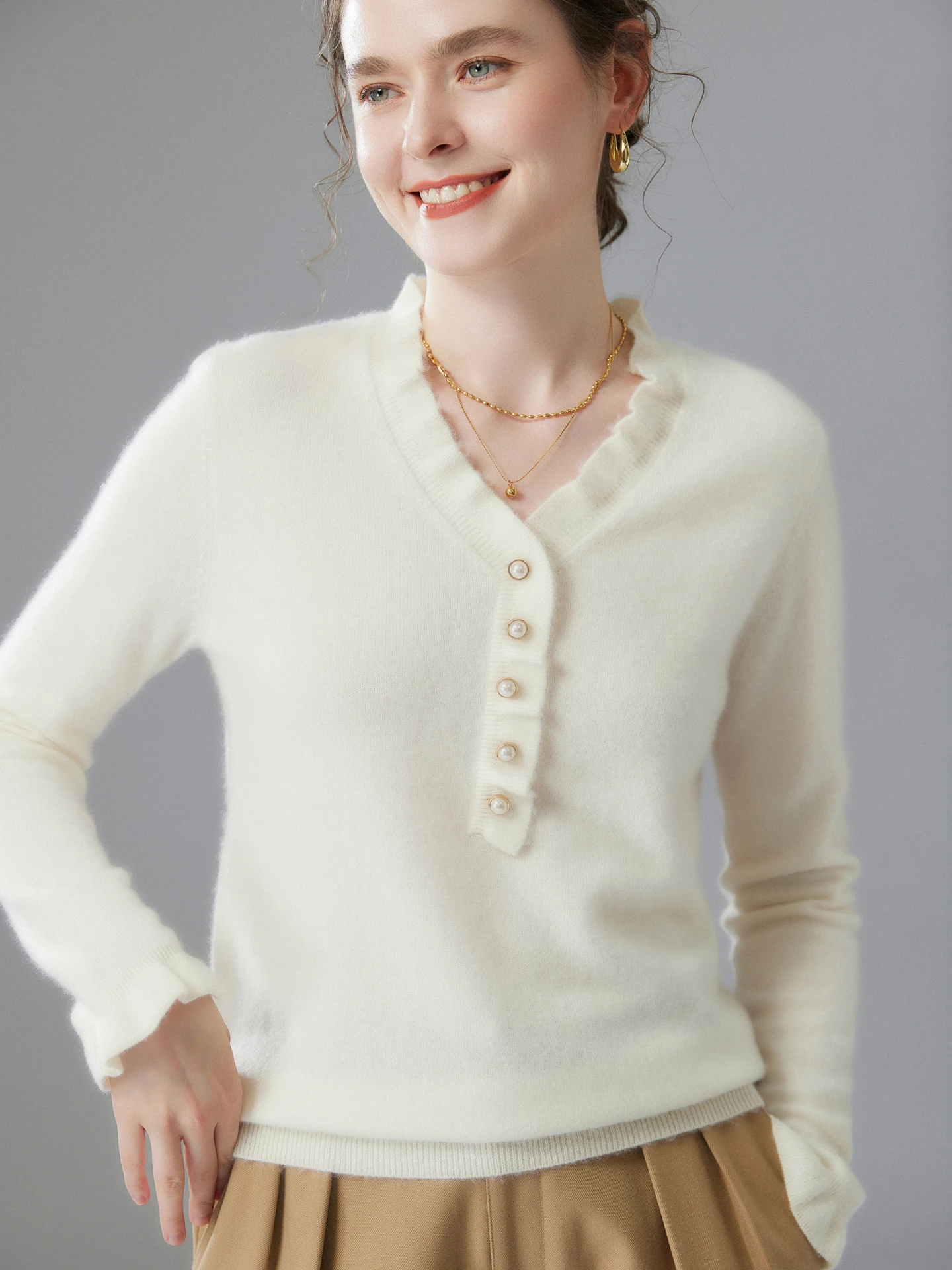

TLOML Women's 100% Cashmere Sweater V-neck Ruffled Edge Pearl Buttons Pullover Autumn Winter Soft Warm Knitwear Solid Chic Tops