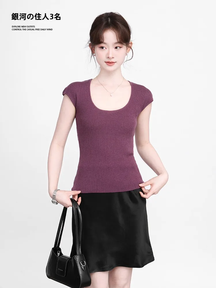 

Galaxy Resident Purple U-Ne Slim Fit Knitwear Top Women's Summer Design Casual Sle ort Sve T-irt Base Layer
