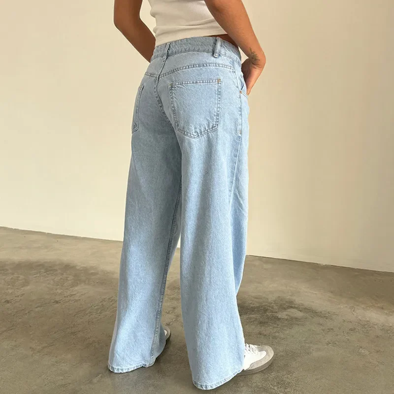 Women Jeans Low Waist Zipper Button Solid Color Trousers with Pockets for Daily Streetwear