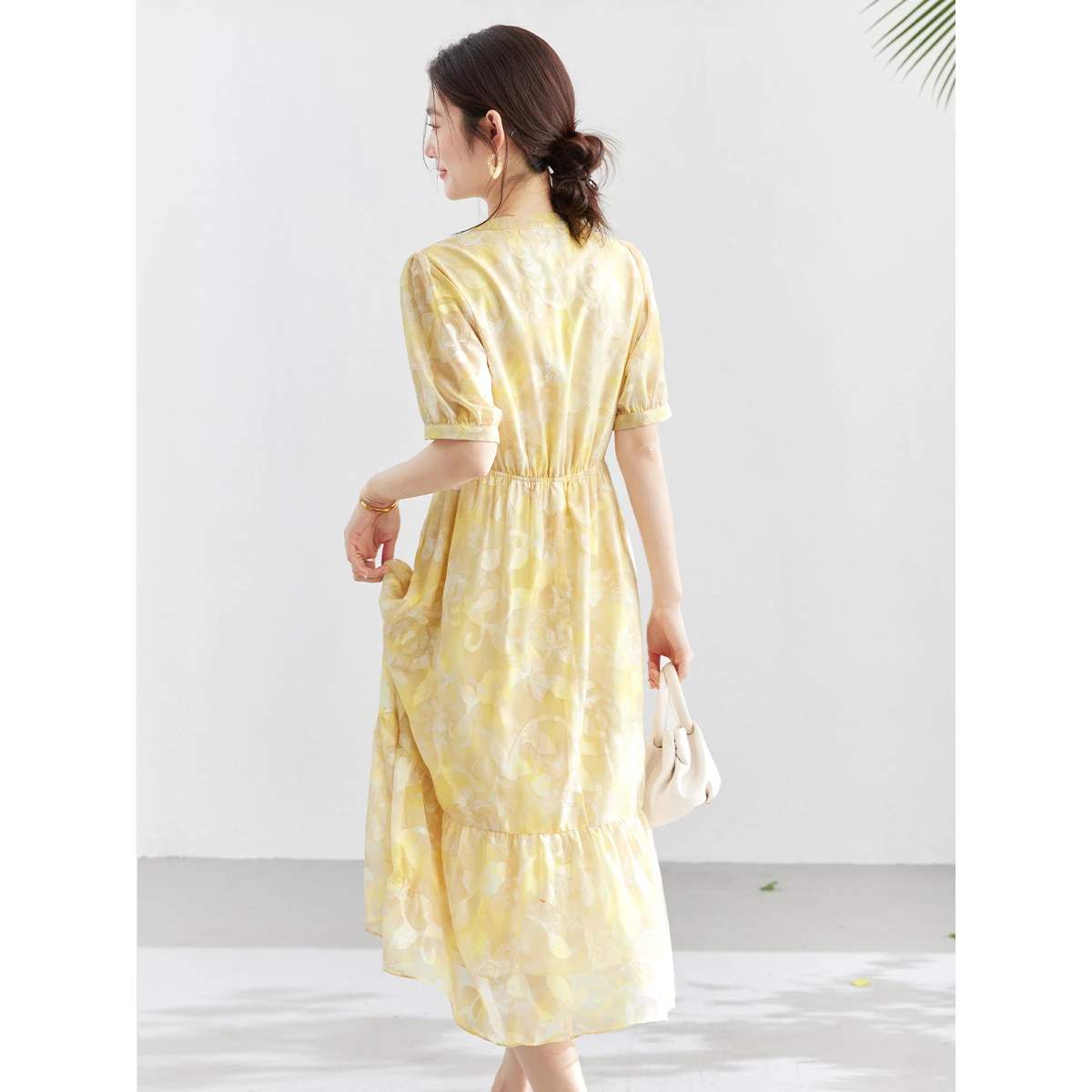 VIMLY Women's Yellow Floral Midi Dress 2026 Summer New Elegant Round Neck Tiered Ruffle Short Sleeve Casual A-Line Dress A6056
