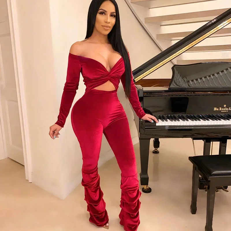 

Sexy Off the Shoulder Velvet Jumpsuit for Women Long Sleeve Stacked Pants Rompers Draped Hollow Out Night Party Club Overalls