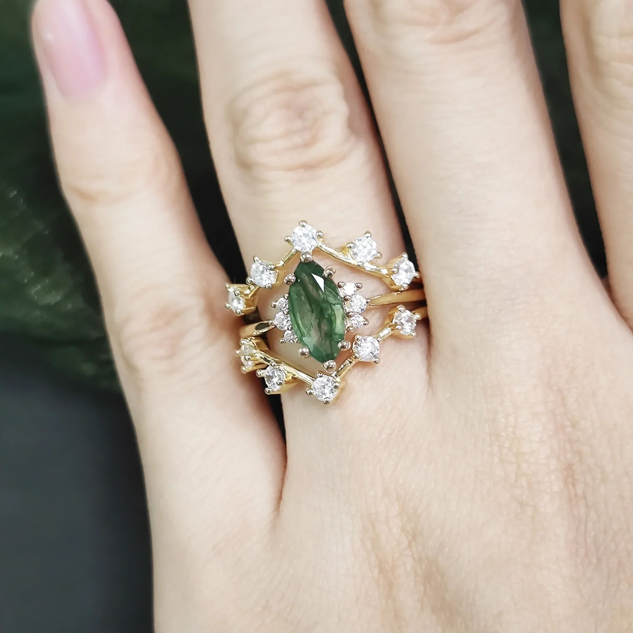 GEM'S BALLET Natural Moss Agate Engagement Ring Set 925 Sterling Silver for Women Bridal Wedding Promise Ring Love Token Jewelry