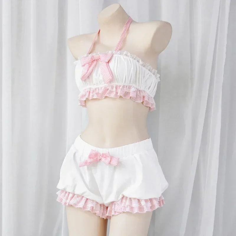 Lolita Cute Girl Ruffles Women Kawaii Maid Outfit Sweet Sexy Sleepwear Servant Cosplay Costumes Bow Lace Tops and Bloomers Set