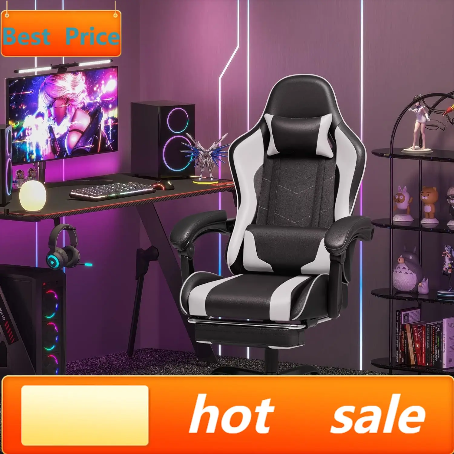 Meistverkaufter Gaming-Stuhl, Videospiel-Stuhl mit Fußstütze und Massage-Lendenwirbelstütze, Ergonomischer Computerstuhl Höhenverstellbar