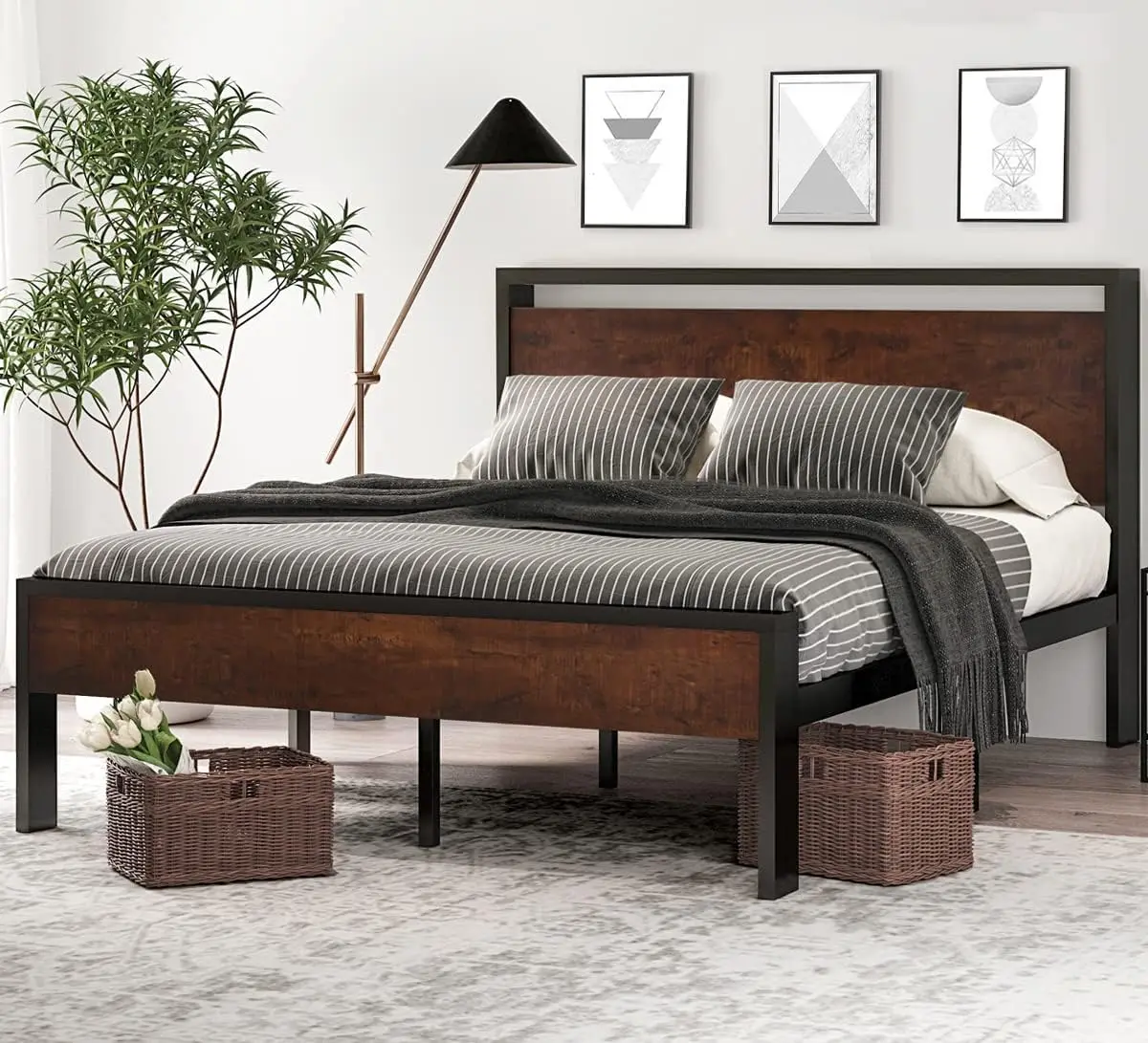 

Wooden Headboard and Footboard, Mattress Foundation, No Box Spring Needed, Large Under Bed Storage, Non-Slip, Mahogany