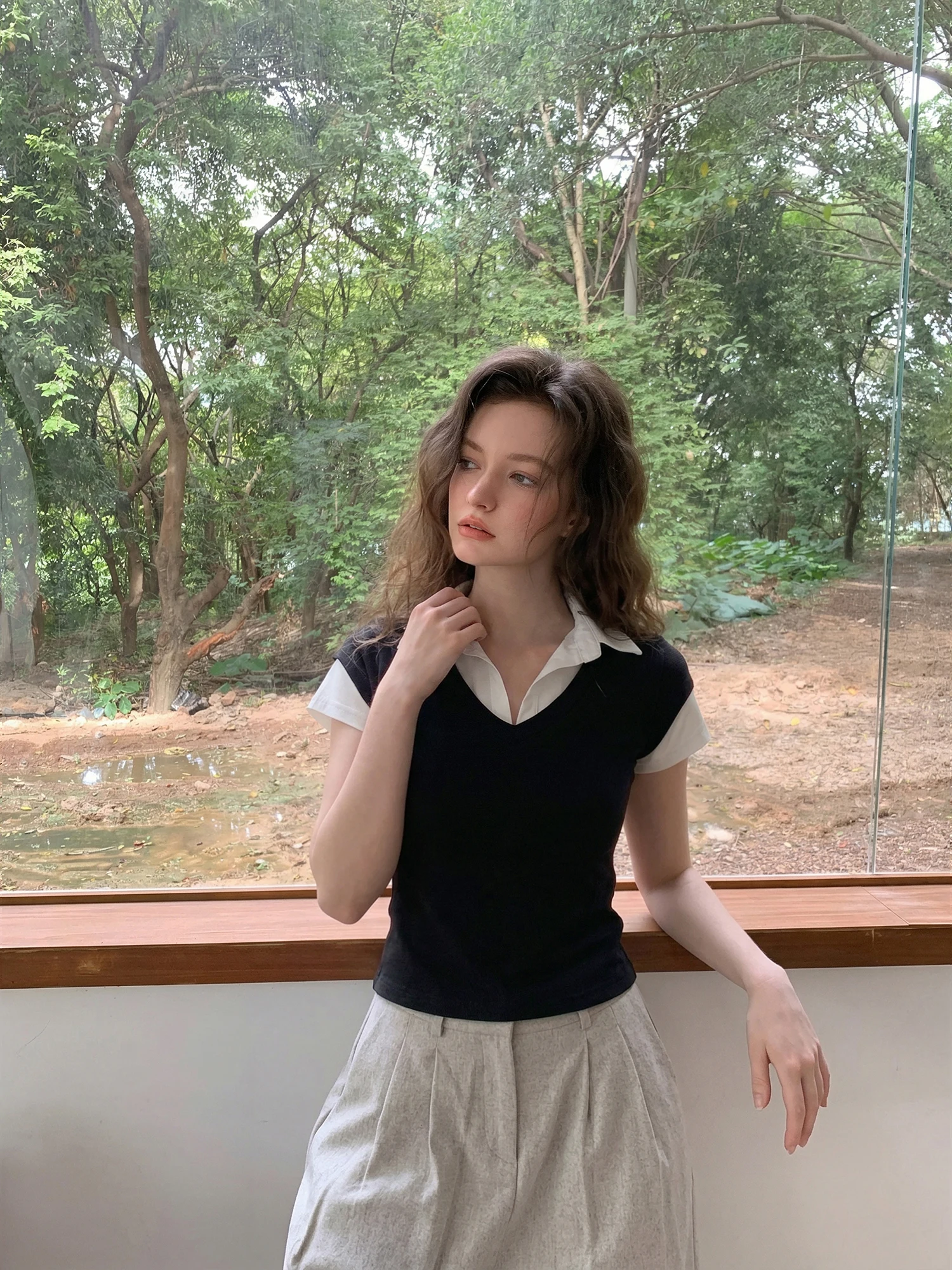 American Style Short Sleeve T-Shirt Women Summer Slim Fit Short Length Collared Fake Two-Piece Top Shoulder Width Regular Fit