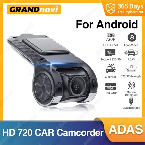 Grandnavi-Cámara de salpicadero DVR HD para coche, grabadora automática para reproductor Multimedia Android, DVD, alarma de voz, vídeo ADAS, 720P, tarjeta TF USB, 16G/32G