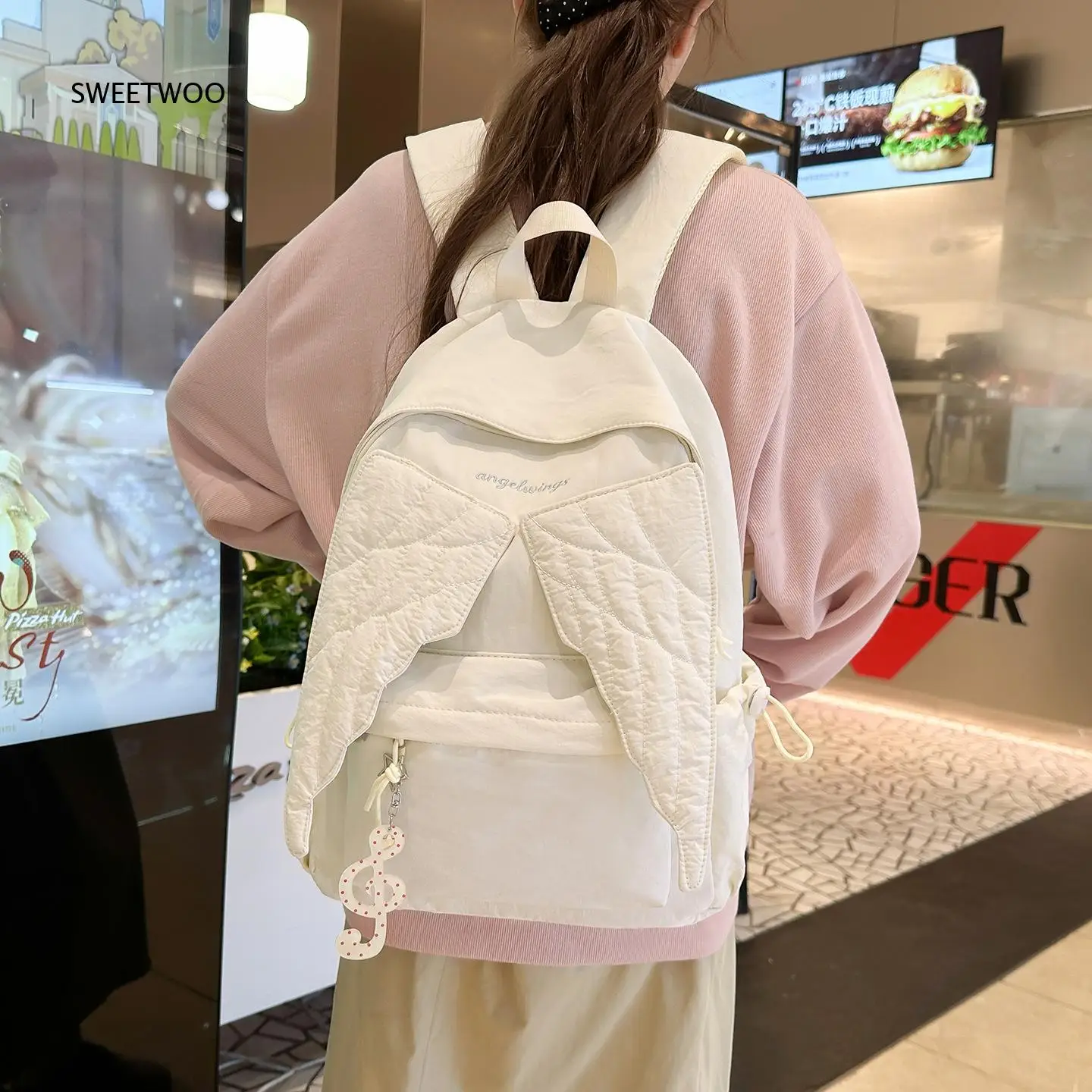Women Pink Angel Wings Rucksack Quilted Wing Embroidery Lightweight Nylon Casual School Daily Travel Backpack